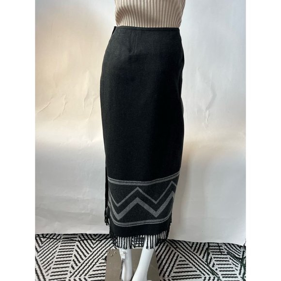 Nine & Co Womens Wrap Skirt Black Gray Chevron Long Maxi Fringe Wool Blend 10 - Picture 6 of 12
